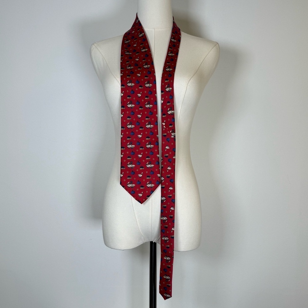 Mates Como 100% Silk Tie Made In Italy Red And Blue Geese & Pumpkins 57.5” Long